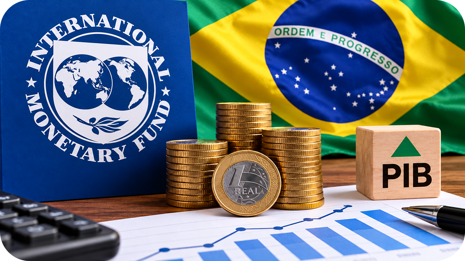 Logo do FMI ao lado da bandeira do Brasil, pilhas de moedas de real e gráficos de crescimento econômico, representando projeções do PIB brasileiro para 2027.