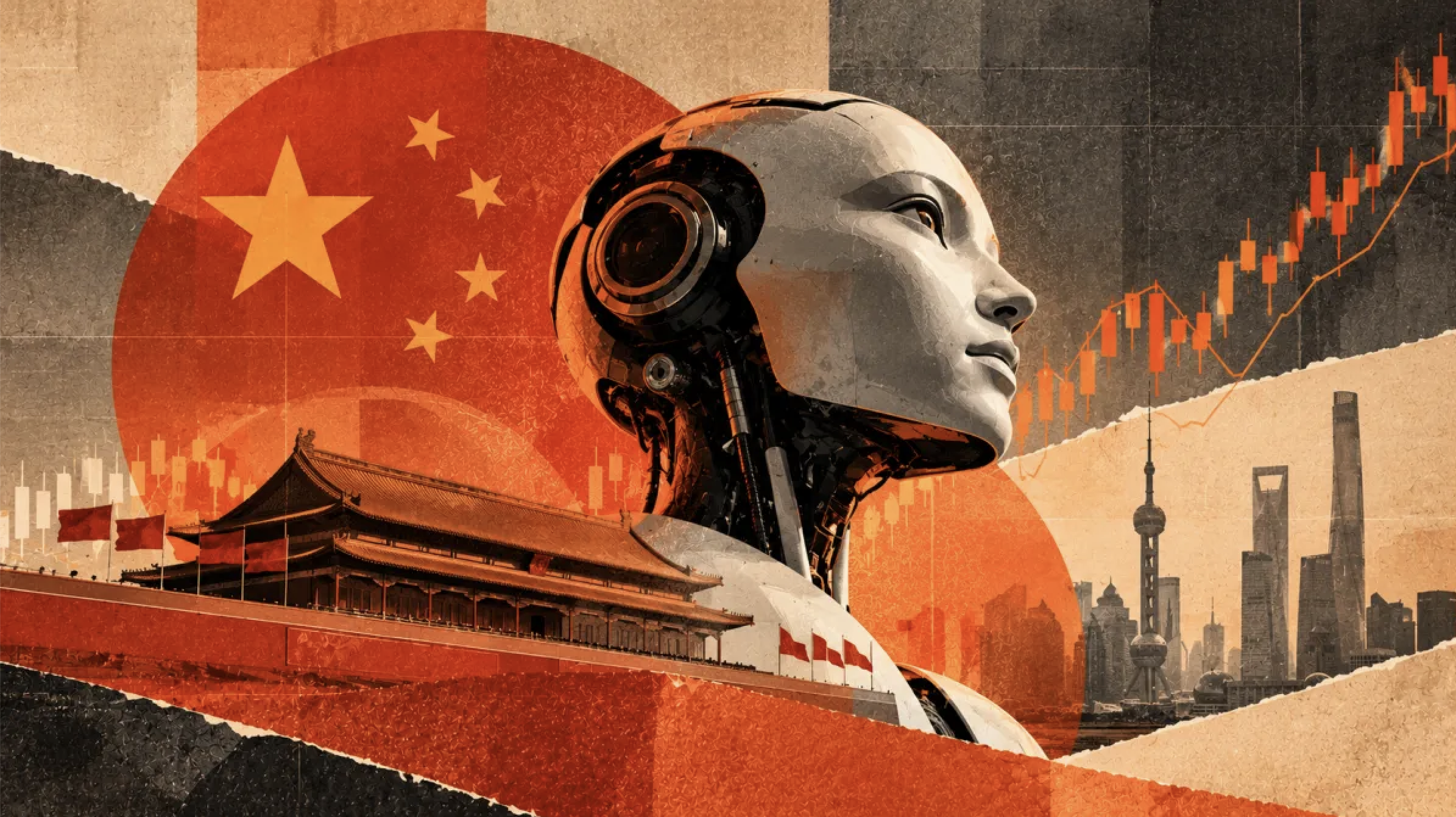 Ilustração de robô humanoide com a bandeira da China, gráficos financeiros em alta e paisagem de Xangai, representando a inteligência artificial chinesa.