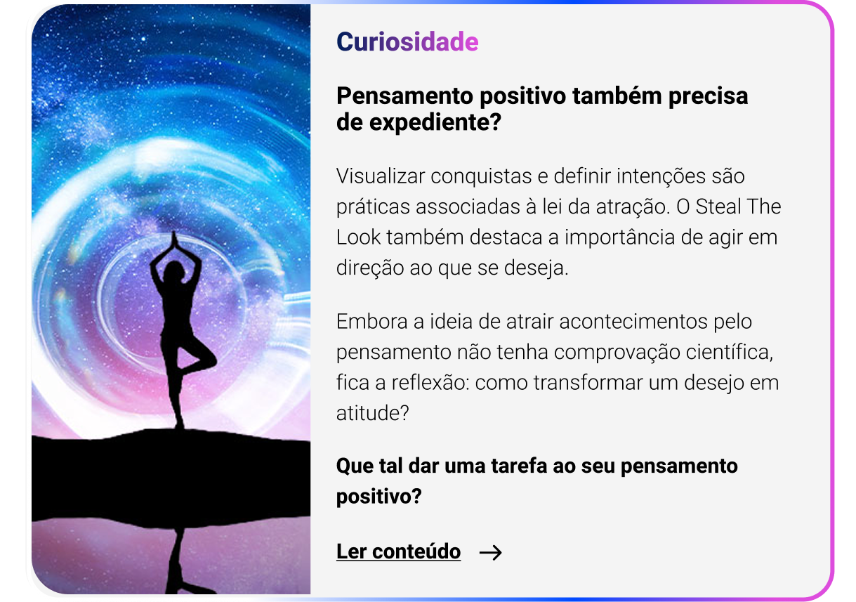 Card de curiosidade do Go News sobre pensamento positivo e lei da atração, com silhueta de pessoa meditando diante de um céu cósmico azul e roxo.