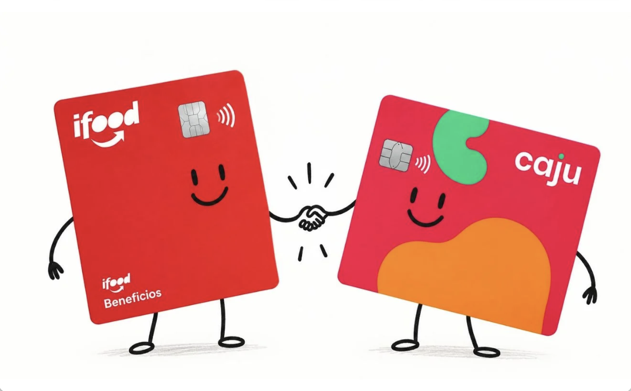 Ilustração dos cartões iFood Benefícios e Caju apertando as mãos, representando a aquisição da Caju pelo iFood e o mercado de benefícios corporativos.